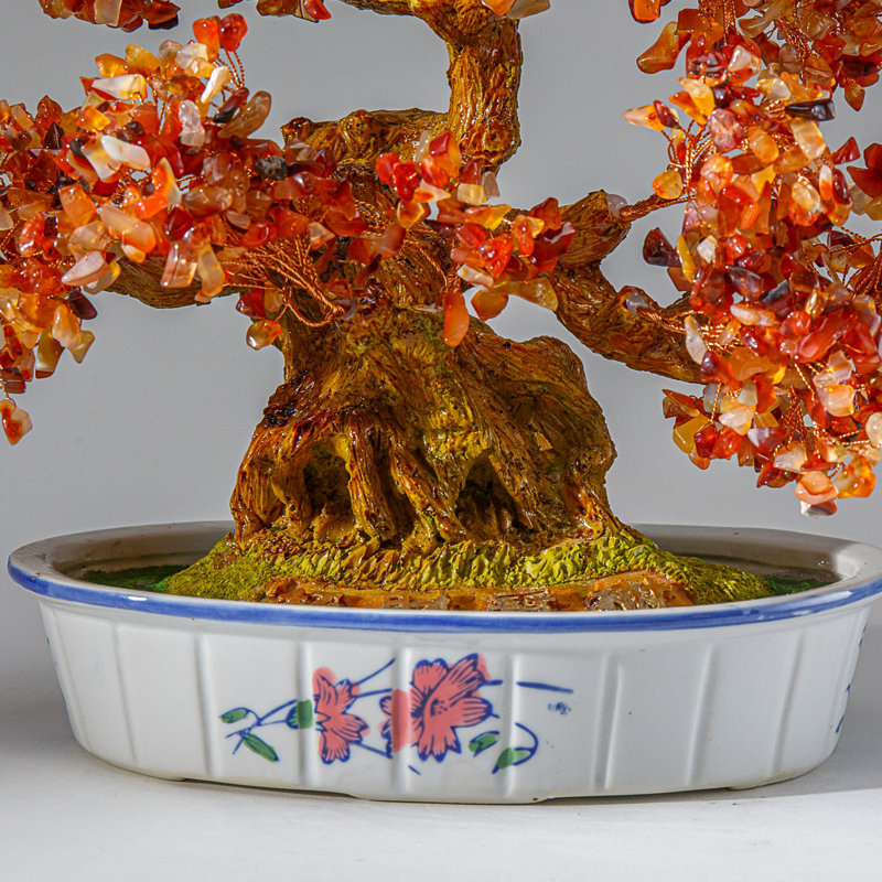 Genuine Carnelian Gemstone Bonsai Tree in Oval Ceramic Pot (11")