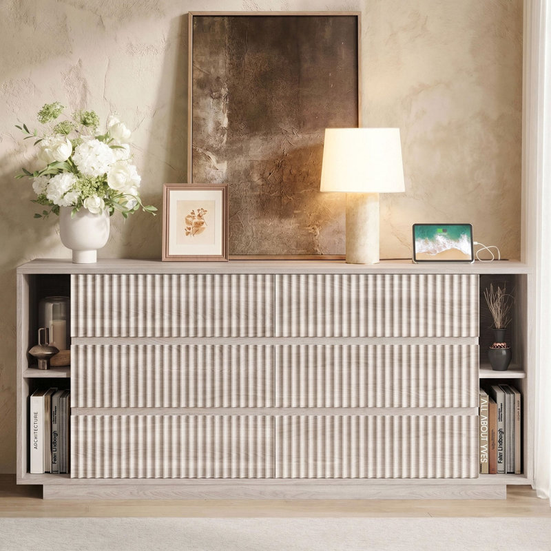 Fluted 6 Drawer Dresser with Shelves, 63'' Wide 17.7'' Depth Large Chest of Drawers for Bedroom, Modern TV Stand, Wood Closet Storage Organizer for Living Room, White Alder