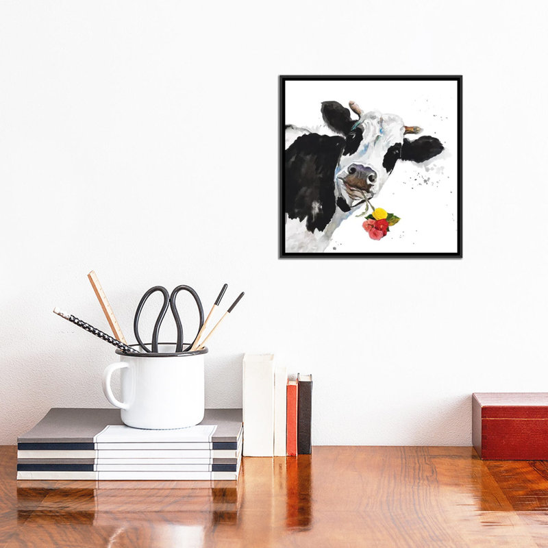 «Crazy Cow» par Patricia Pinto - impression d'art graphique, H 12 po x l 12 po x P 1,5 po, Toile avec cadre noir