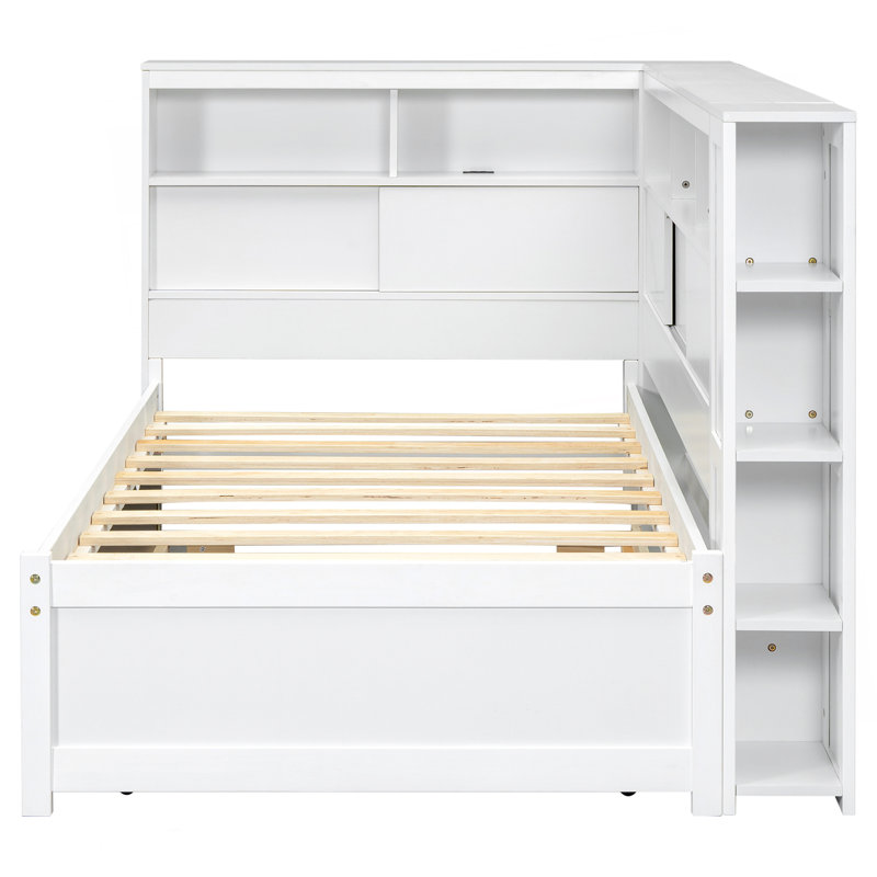 Lit de jour simple en bois avec tablettes de rangement, USB et lit gigogne, blanc