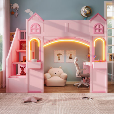 Full Size Kids Castle Loft Bed with Desk，shelves and Storage Stairs, Wooden Playhouse Bed with LED Lights, Windows Design, 2-Side Adjustable Desk & Staircase, DIY Open Space，Pink+Light Pink