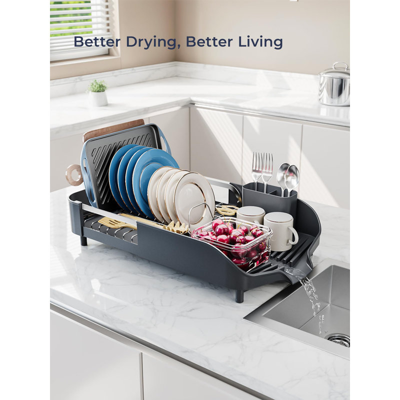 Expandable Deep Gray Stainless Steel Dish Drying Rack with Utensil Cup