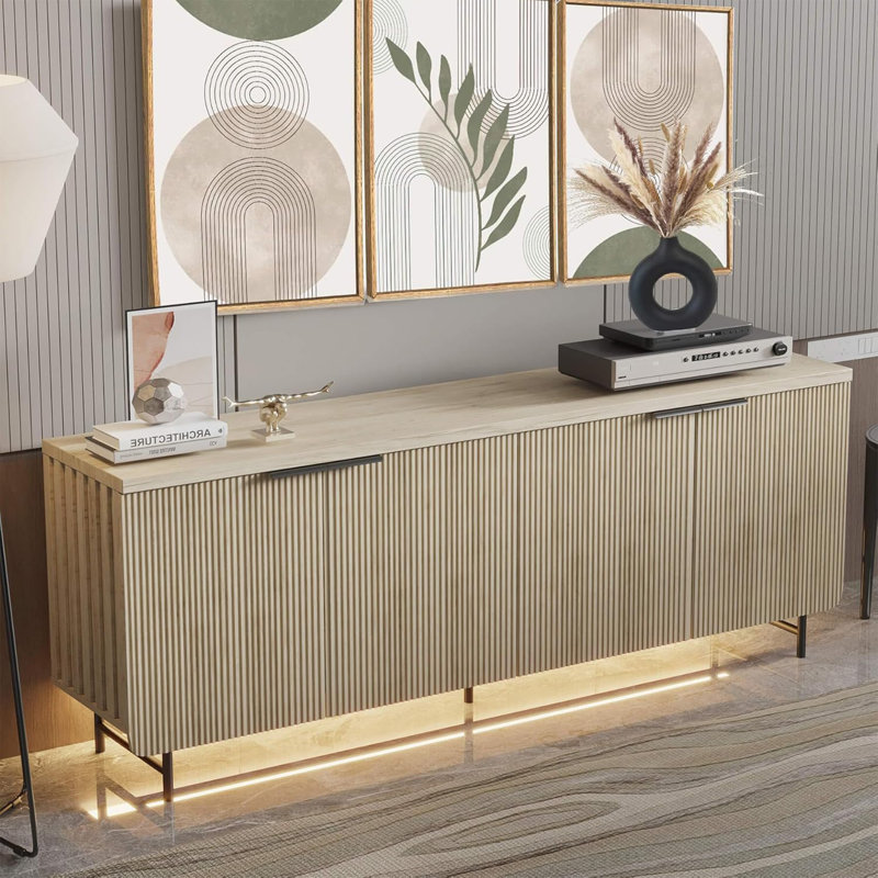 Buffet 68 po à 4 tiroirs avec lumière DEL et tablettes réglables, Jaune