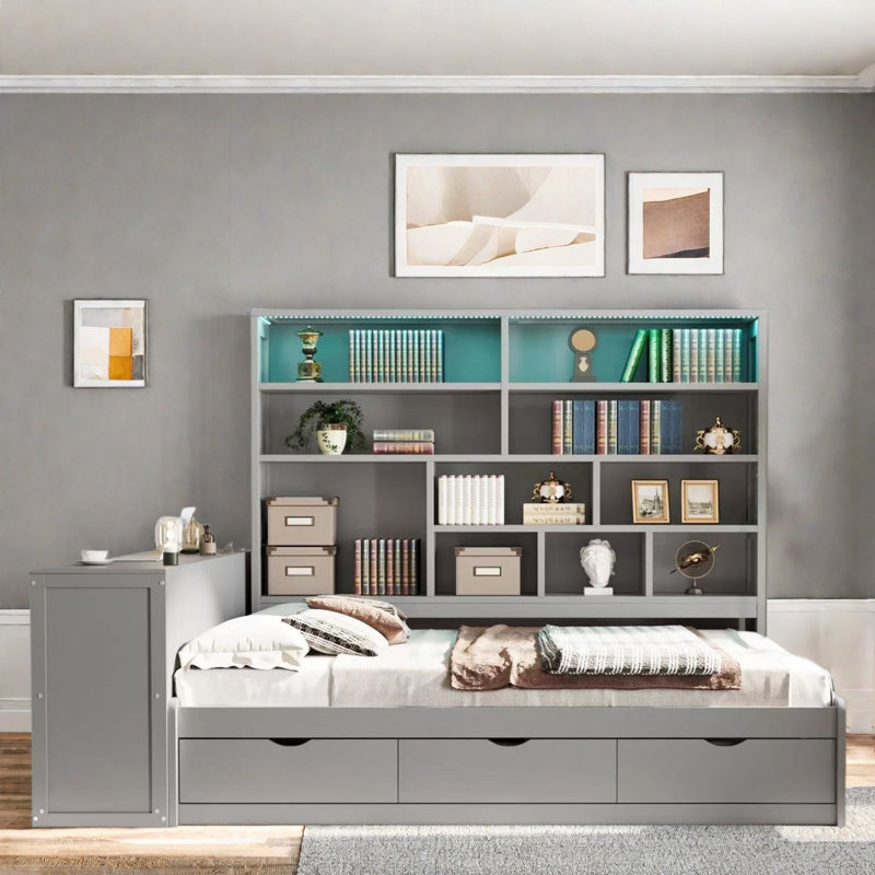 Wooden Daybed With 3 Drawers, Desk, Open Shelves, Lights And Charging Station, Gray