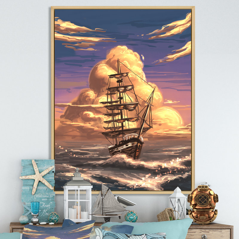 «Video Game Fantasy Ship Coastal Sunset», reproduction de photo sur toile, H 20 po x l 12 po x P 1 po, Cadre flottant brun