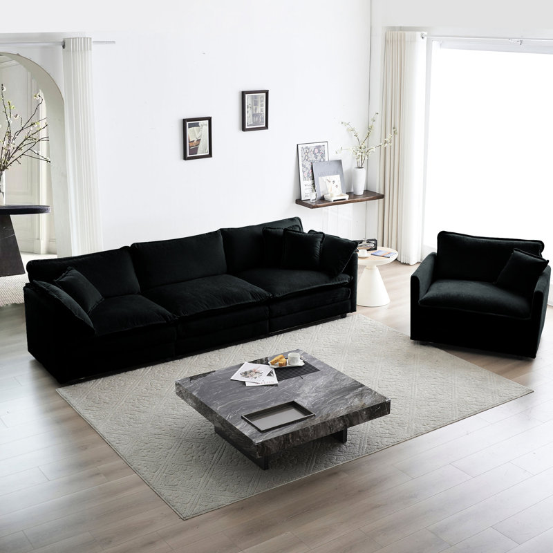 Moderne 5: chenille noire, tissu, base, assise relaxante et assise 1 + 1 + 3 - revêtement en chenille, éponge, zone de vie