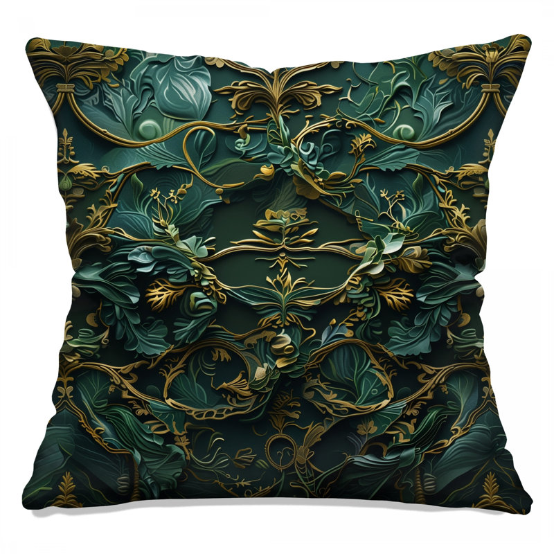 Ornate Green Floral Motif Double Sided Throw Pillows, 16 po x 16 po