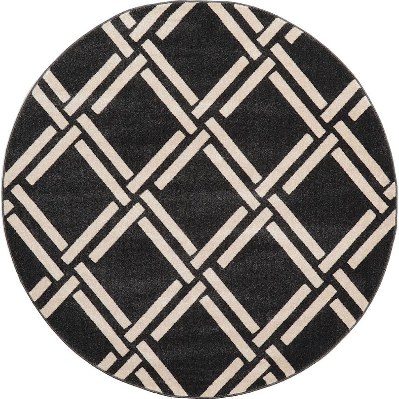 Tapis noir / beige à motif géométrique Soliana, Rond 8 pi
