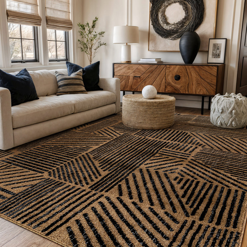 Rambo Geometric Black/Ivory Area Rug, Rectangle 3' x 5', Jute