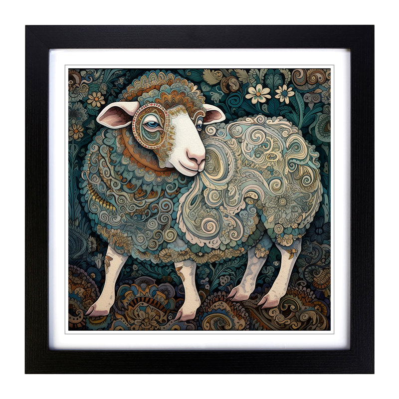 Sheep Paisley - Single Picture Frame Print on Wood, Walnut
