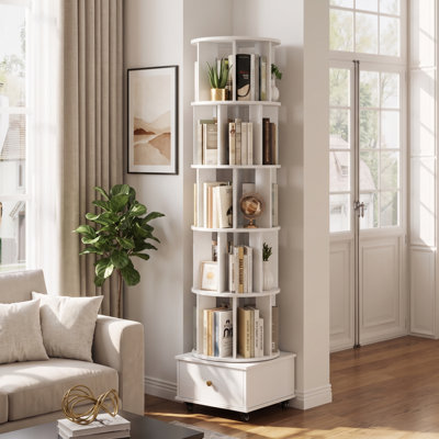 5-Tier 360° Swivel Corner Bookcase, Rotating Storage Tower with Lockable Casters & Drawers, Narrow Spinning Bookshelf Organizer for Living Room, Bedroom, White