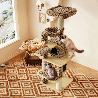 Arbre à chat à niveaux multiples 77 po, beige / léopard, avec poteaux épais de 4,3 po