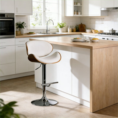 Tabouret de bar contemporain blanc doux en noyer courbé pivotant à hauteur réglable avec revêtement en similicuir