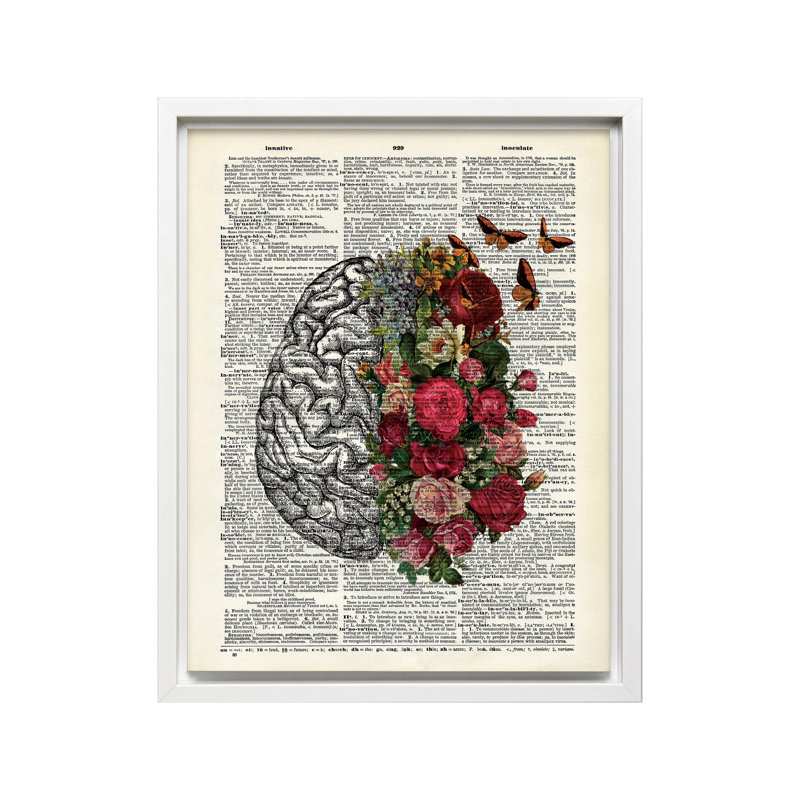 Cerveau et papillons fleuris, Canevas, Encadrement blanc, H 11 po x l 14 po