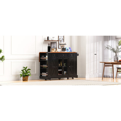 Îlot de cuisine de 53 po avec deux portes d'armoire en verre trempé, prise de courant, chariot de cuisine sur roulettes avec abattant, 5 tablettes latérales ouvertes, 3 tiroirs, pour la cuisine, la salle à manger, noir, îlot de cuisine