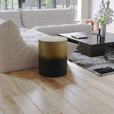 Hygerta 20 Inch Side End Table, Round Drum Shape, Black, Gold Antique Brass Ombre