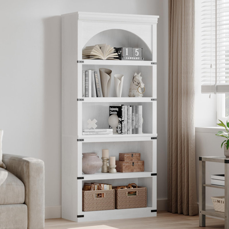 68.7" Arched Wooden Bookshelf, 5-Tier Farmhouse Bookcase with Curved Frame for Living Room, Bedroom, or Office, White