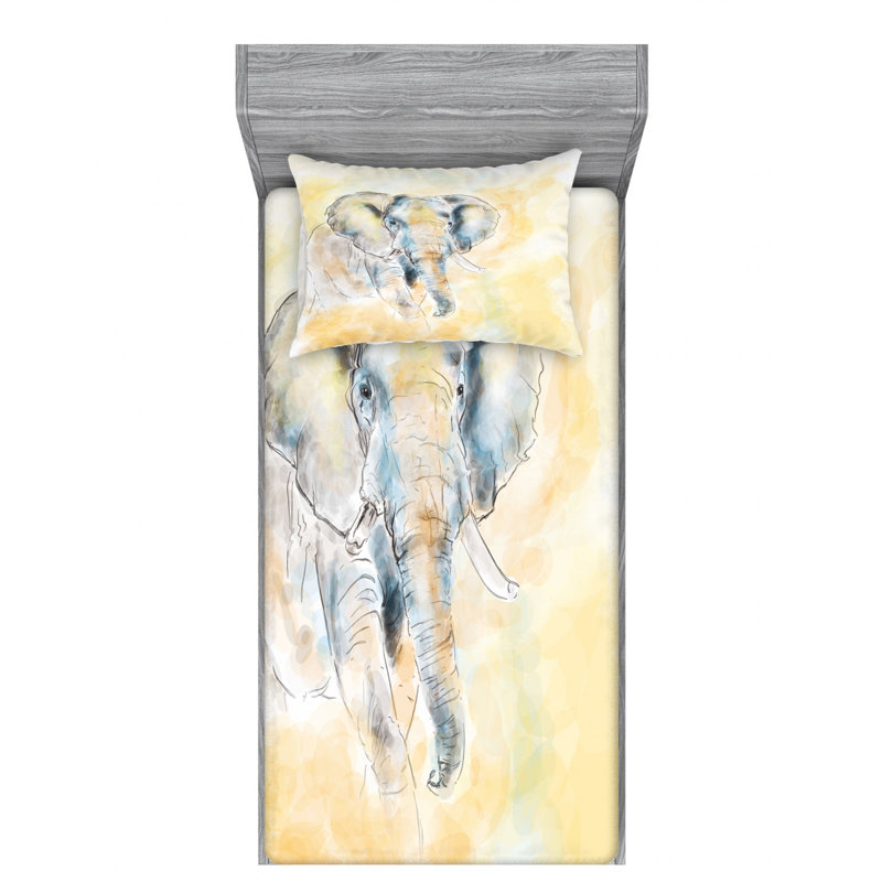 Twin White and Cream Elephant Print Microfiber Sheet Set