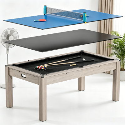 84"x48"x33" Pool Table with Dining & Table Tennis Top, 3 in 1 Multi-Game Table with Accessories (Balls, Cues, Ping Pong),Convertible Billiards and Table Tennis,HDF Wood Grain Finish & Chrome Accents.