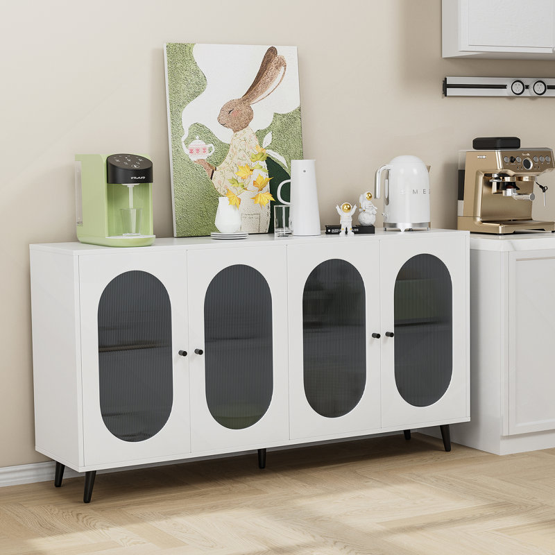 Buffet moderne avec portes en acrylique et console de rangement autoportante, Blanc