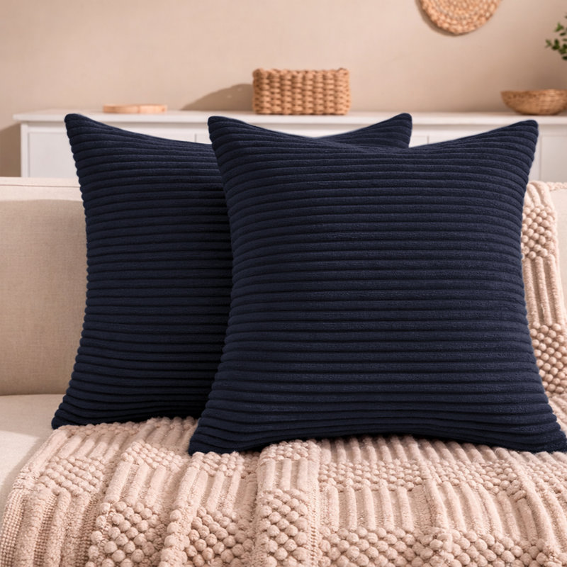 Aspire Homeware Striped Square Velvet Cushion Cover, Navy, Pack of 2