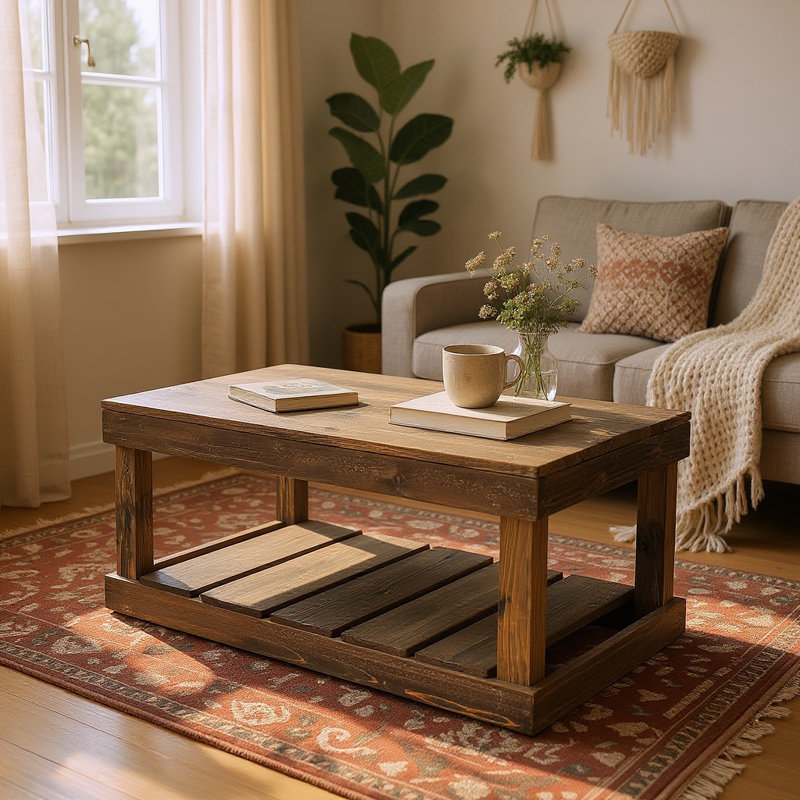 Table basse rustique fabriquée à la main avec tablette de plancher - bois massif, finition noyer foncé