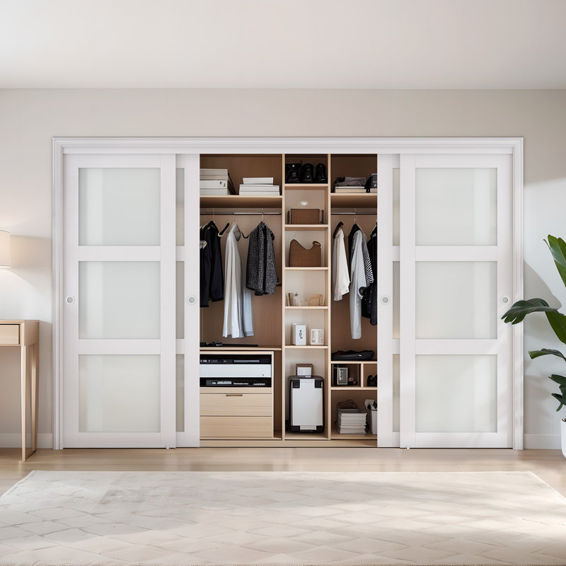 Portes de garde-robe coulissantes en verre givré double avec trousse de quincaillerie d'installation, 96 po x 80 po, Blanc, 4