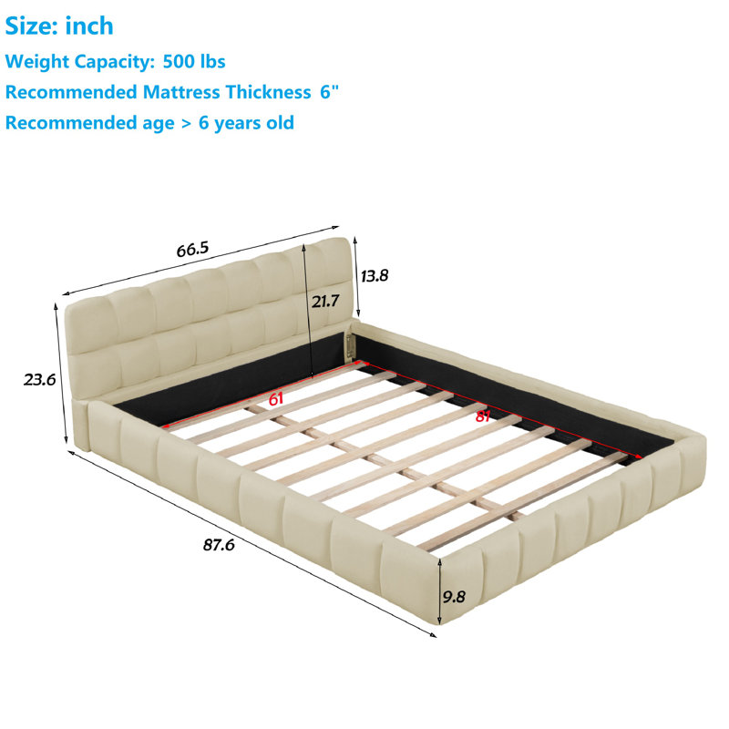 Katence Elegant Linen Queen Platform Bed with Upholstered Headboard and Solid Frame Stability, Beige