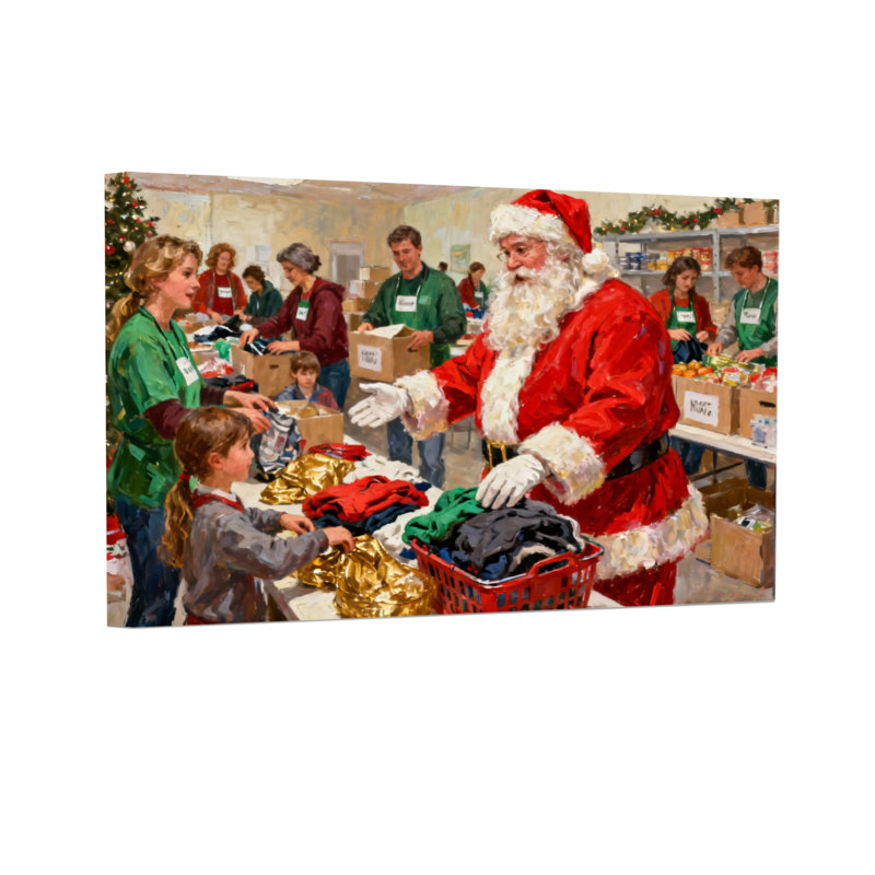 Noël père Noël aidant les enfants avec des cadeaux, H 12 po x l 18 po