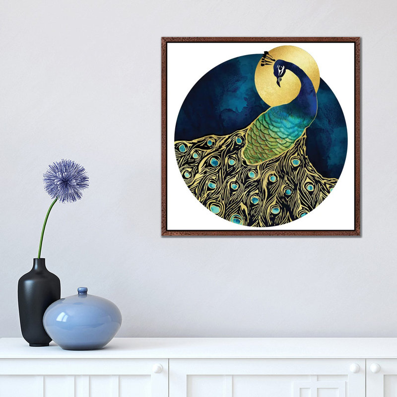 Golden Peacock - Print on Canvas, 45.72 cm H x 45.72 cm W, Classic Brown Wood Framed