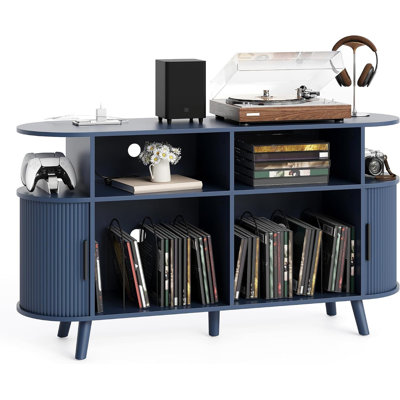 55" Vinyl Record Player Stand, Mid-Century Rustic Record Cabinet with Open Vinyl Storage Shelves, Turntable Table with USB Charging Station