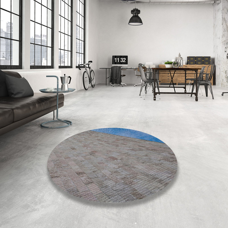 Tapis bleu/gris à motifs Saini, Rond 7 pi