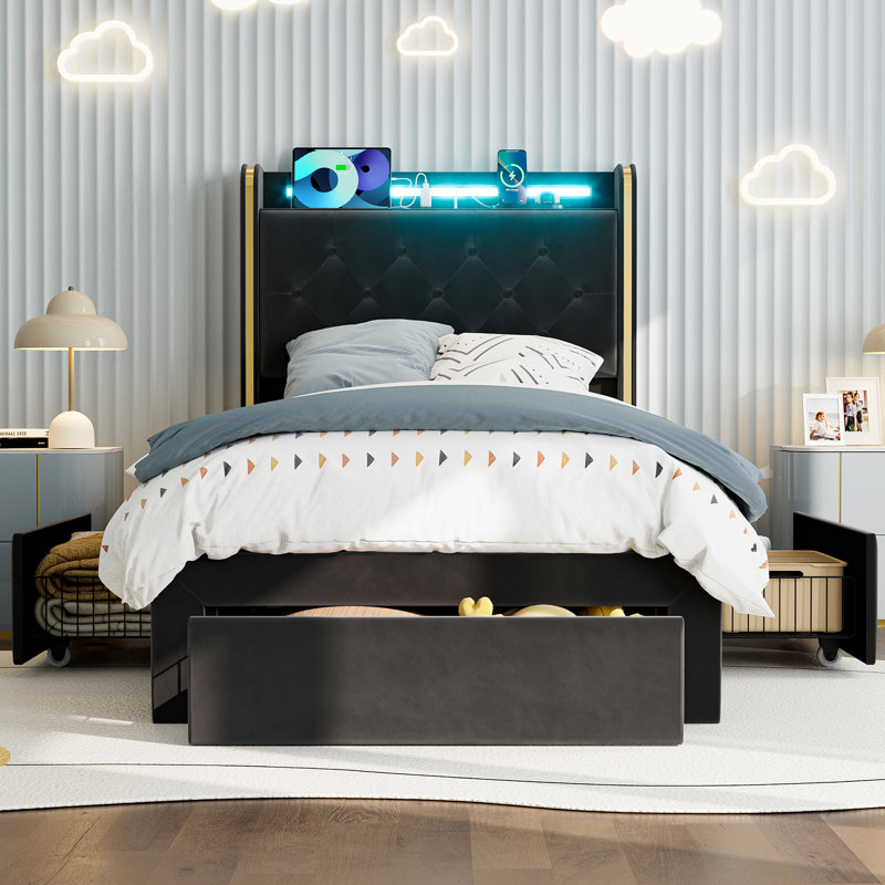  49.2" Tall Twin Xl Bed Frames With Storage Drawers, Velvet Upholstered Platform Bed With Wingback Storage Headboard, Led Lights & Charging Station, No Box Spring Needed, Noise Free, Black