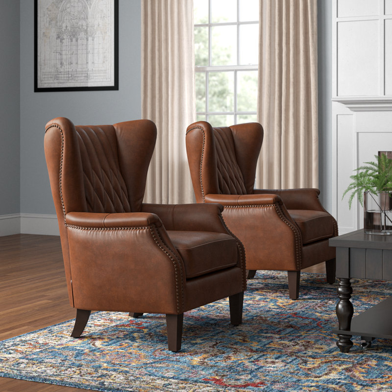 Ameliah Genuine Leather Wingback Chair, Brown Genuine Leather