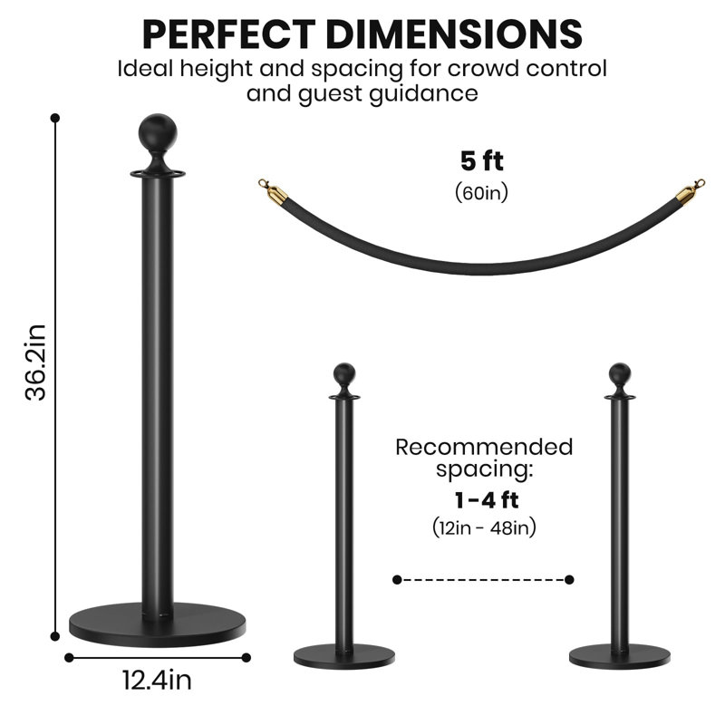 Poteaux en corde de velours noir 6 pièces Homlux, base en acier lestée, raccordement à 4 voies sans outil, intérieur / extérieur.
