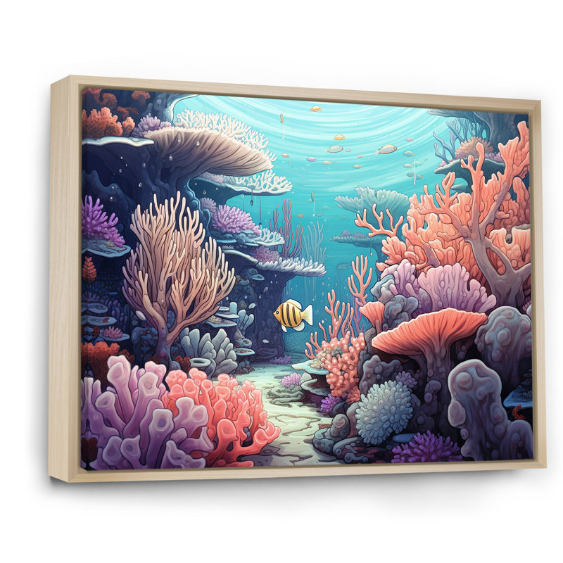 Kawaii Clownfish, corail, impression sur toile, Cadre naturel flottant, H 34 po x l 44 po x P 1,5 po