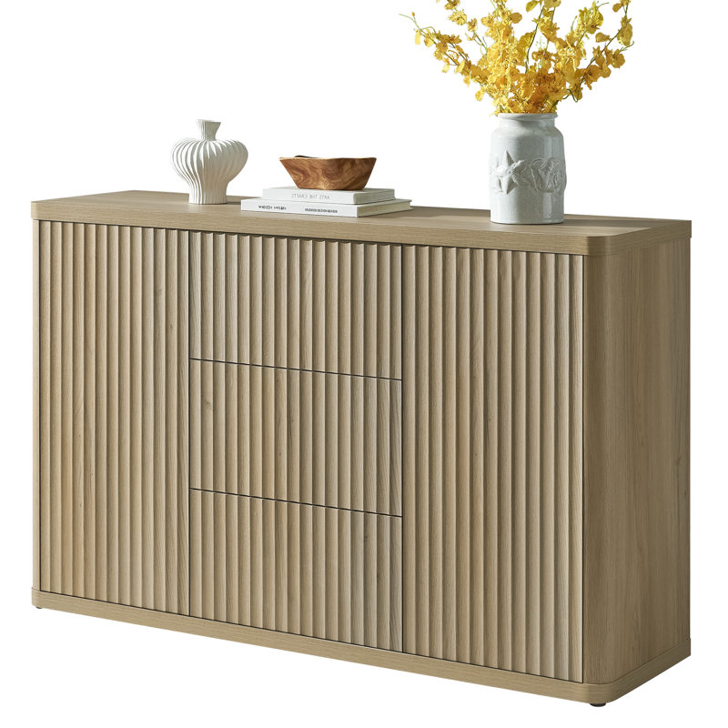 54.7'' W Modern 2-Door And 3-Drawer Fluted Sideboard With Adjustable Shelves, Natural Oak, 1
