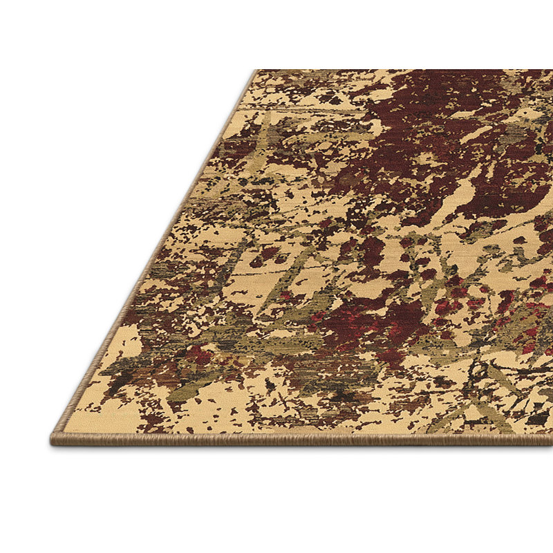 Tapis en laine / polyester abstrait tissé à la machine en brun / rouge / beige, Rectangle 4 pi x 6 pi