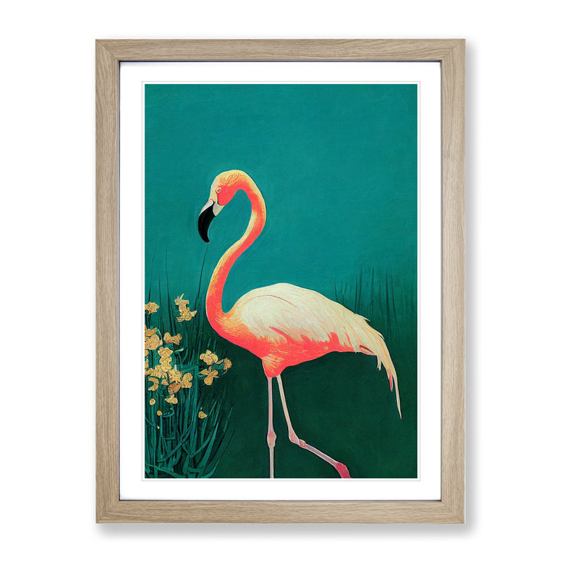 Walking Flamingo - Single Picture Frame Painting, 34cm H x 25cm W x 2cm D, Oak Framed