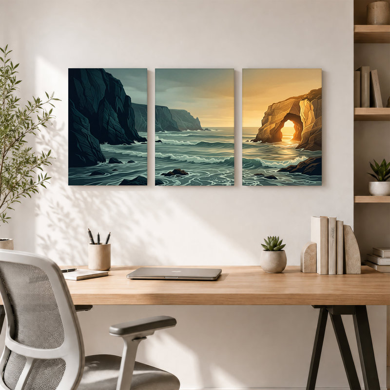 Ensemble de 3 toiles sur fond de côte rocheuse avec coucher de soleil doré à travers la mer, 18"H x 12"W x 3pcs