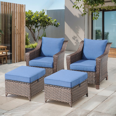 Tya Outdoor Wicker Rattan Lounge Chairs With Cushions And Ottomans