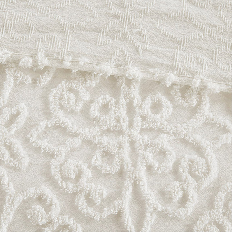 Ensemble de couvre-lit 3 pièces en chenille de coton touffeté blanc cassé, Grand couvre-lit / couvre-lit + 2 taies décorativ