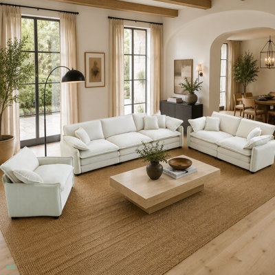 3 Piece  Comfortable Oversized Sectional Sofa, One Single Sofa and One 2-Seater Sofa and One 3-Seater Sofa , Beige Corduroy Deep Seat Sofa
