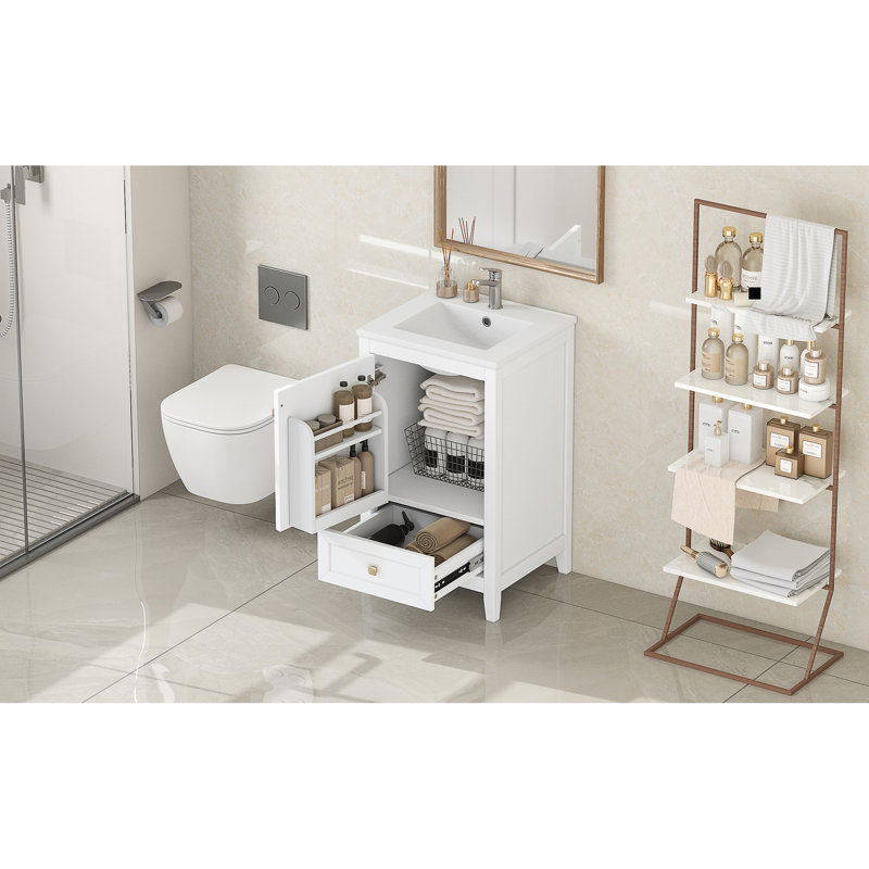 Meuble-lavabo blanc de 20 po avec lavabo, porte à fermeture douce, support de rangement, tiroir, tableau de haute qualité, finition peinte, forme rectangulaire, montage autoportant, installation de lavabo simple de 20 po en blanc