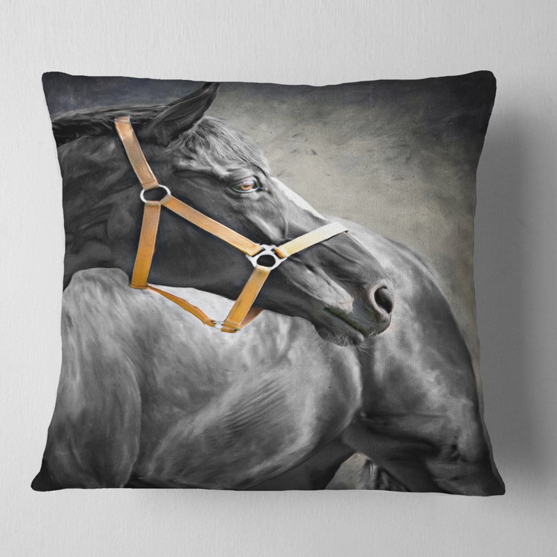Cheval noir - coussin imprimé animal, 16 po x 1 po, Coussin décoratif