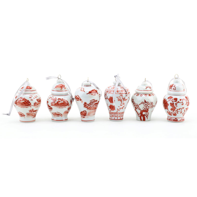 6 Piece Porcelain Asian Jar Finial Ornament Set