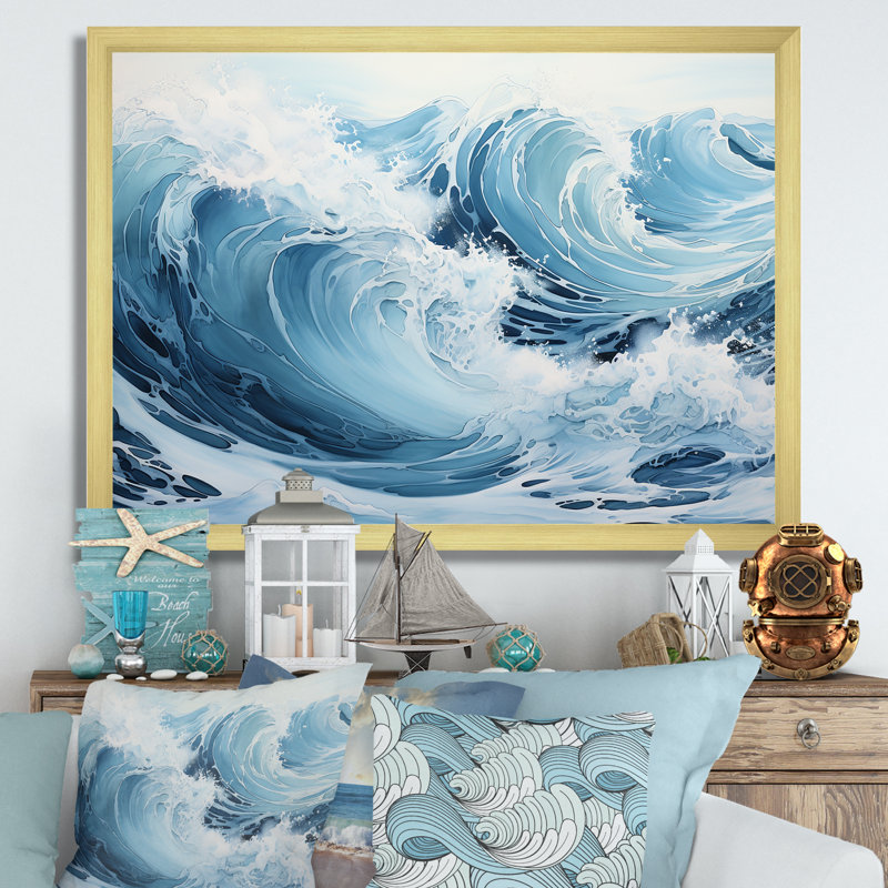 Minimalisme océan tempête sur toile, Cadre doré simple, H 24 po x l 32 po x P 1 po