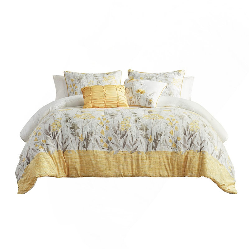 Ensemble d'édredon pour lit double / grand 5 pièces avec coussins décoratifs, jaune, hypoallergénique et lavable à la machine