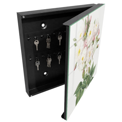 Decorative key box for wall, Opens to the left, 30x30x5, White, Delicate flowers on green stems, 