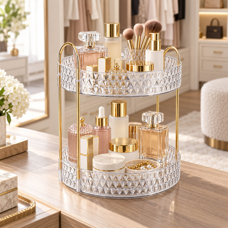 Organisateur de maquillage rotatif à 360° à 2 niveaux avec plateaux transparents à texture diamantée